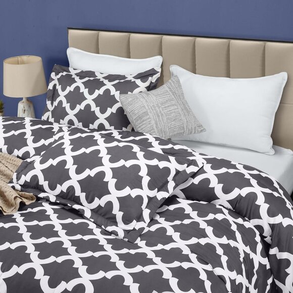 Comforter Set Grey, Printed Comforters King  or Queen Size, 3 Piece Lightweight - Picture 2 of 5